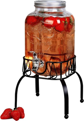 Glass Drink Dispenser with Stand - 1 Gallon Glass Jar Beverage Dispenser with St - Image 1 of 4