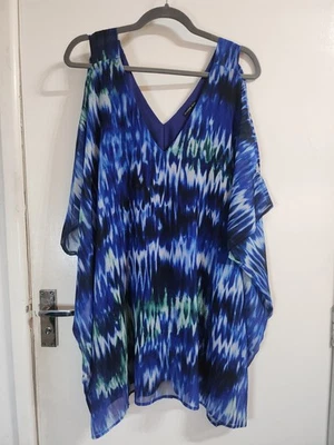 LADIES ROMAN TOP SIZE 26/28 Blue Curve Abstract Print Cold Shoulder Chiffon - Image 1 of 4