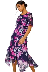 Floral Print Frill Detail Midi Dress - Ladies Roman Originals Women - Picture 1 of 59