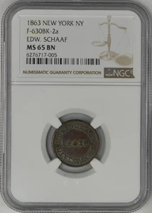 1863 New York NY Edw. Schaaf Token F-630BK-2a MS65 NGC 945050-5 - Picture 1 of 5
