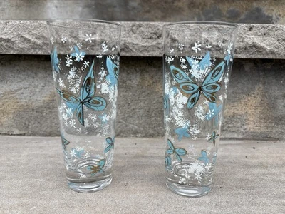 2 Vtg Mid Century Butterfly Drinking Glasses Turquoise Gold 7" Highball - Image 1 of 3