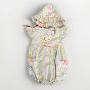 Vintage Baby Romper Hat Set Size 24 M Pastel Stripe Butterfly Floral Baby Togs - Picture 1 of 11