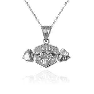 Sterling Silver Hand Weightlifting Dumbbell Pendant Necklace - Picture 1 of 5