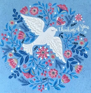 "Thinking of You" White Dove with Pink & Blue Flowers Embossed Blank Card - Picture 1 of 5