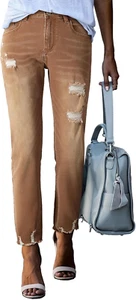 Womens Jeans Mid Waisted Stretchy Ripped Distressed Tummy Control Straight Ankle - Picture 1 of 12