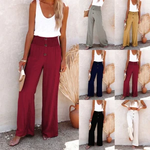 Women Cotton Linen Loose Beach Pants Ladies Summer Casual Wide Leg Trousers US - Picture 1 of 29