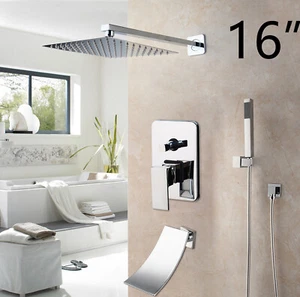Kit mezclador de ducha y rociador manual cromado para baño de 16"" montado en la pared - Imagen 1 de 9
