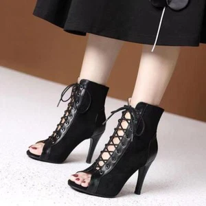 Women's Hollow Mesh Heels Black Lace-up Sexy Peep Toe Stilettos Jazz Dance 2025 - Picture 1 of 25