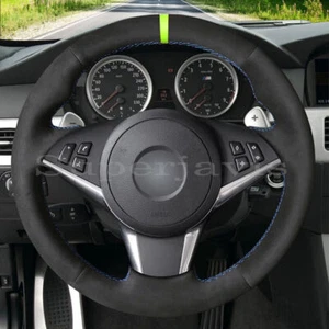 Black Suede Leather Steering Wheel Stitch on Wrap Cover For BMW E60 530d 545i - Picture 1 of 10
