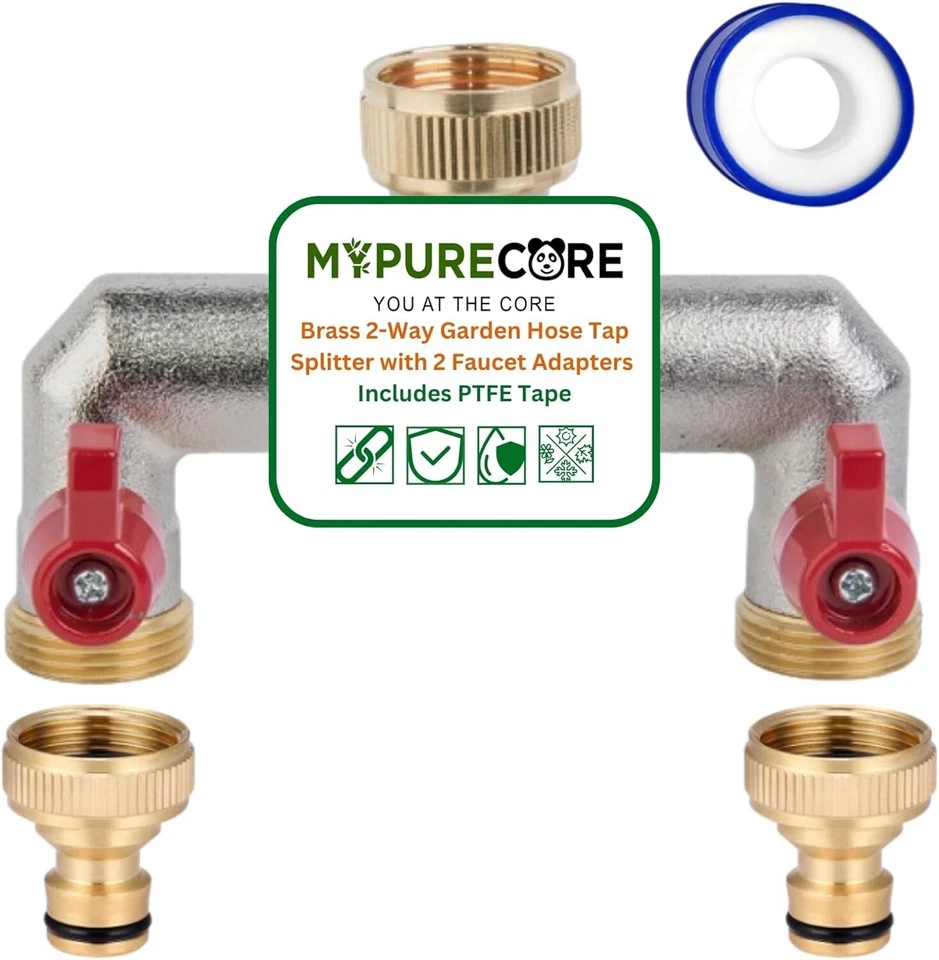 Tap Hose Splitter Brass 2-Way – 2 Faucet Adapters PTFE Tape & 3/4" Tap Connector - Image 1 of 4