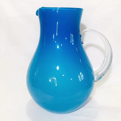 Blue & White Cased Glass Pitcher Cocktails Juice Water Clear Applied Handle 9.5" - Image 1 of 4