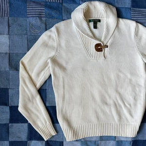 Maglione Ralph Lauren LRL fibbia orlo cotone avorio girocollo collo scialle taglia M - Foto 1 di 13