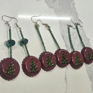 Pendientes Campanas Cerveza Tapa Botella Campana Navidad Ale Tapa Árbol Borgoña Verde Cuentas - Imagen 1 de 20