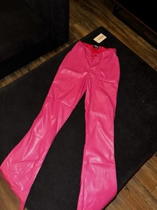 Missguided Hot Pink Leather Pants With Tie Up Front - Size 8 - Picture 1 of 3