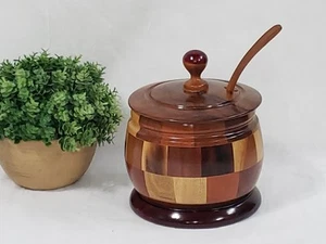 Handmade Marquetry Round Wood Inlay Salt Cellar Bowl Sugar Spice With Lid Spoon - Picture 1 of 12