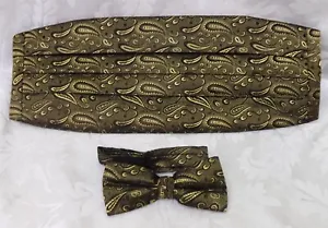 NEW CUMMERBUND AND BOW TIE SET -  Pale Yellow, Gold & Black - Paisley - Picture 1 of 12