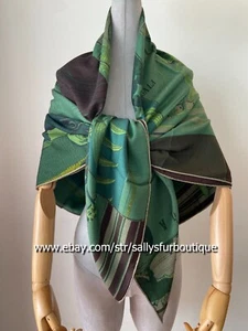 Sciarpa avvolgente 70% cashmere 30% seta stampa indiana scialle doppio viso 53" verde/beige - Foto 1 di 11
