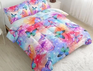 NEW 3 Pcs Bedding Set Full Size - Rainbow Watercolor Butterfly Comforter Set - Picture 1 of 8