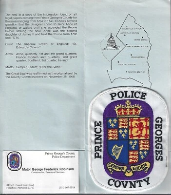 Prince Georges County Police (Maryland)  Shoulder Patch on a Dept History Card - Image 1 of 2