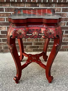 VINTAGE CHINESE PHOENIX RED LACQUER WOOD SQUARE END SIDE TABLE GARDEN PLANT WOW! - Picture 1 of 11