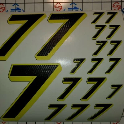 Matte Black-w/Gloss Carbon Fiber yellow #7's Racing Numbers Vinyl Decal Sheet Rc - Image 1 of 4