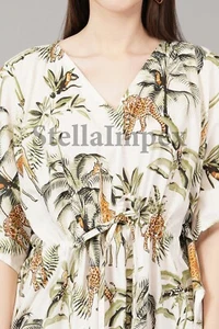 Trendy Handmade Cotton Kaftan Elegant White Leopard Print Long Caftan Beach Wear - Picture 1 of 6