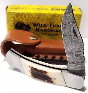 Wild Turkey Real Damascus Clip Point Blade Stag Bone Lockback Pocket Knife - Picture 1 of 5