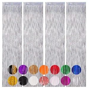 4 Pack Silver Foil Fringe Curtain Laser Backdrop Birthday Graduation Party - Picture 1 of 8