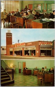 Tarjeta postal vigilante de HICKSVILLE, Nueva York de la década de 1950 con vistas a la calle y oficina de bienes raíces - Imagen 1 de 2