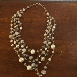 Vintage Multi Strand Beaded Necklace Pearl Crystal Gold Tone Statement 16” - Picture 1 of 2