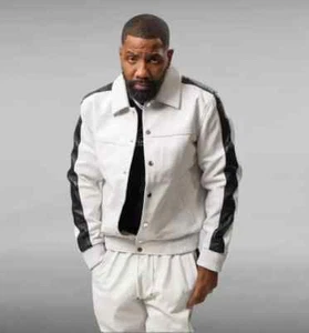 Men's Brayden PU Genuine Leather Track Suit Sweat suit Style White & Black - Picture 1 of 6