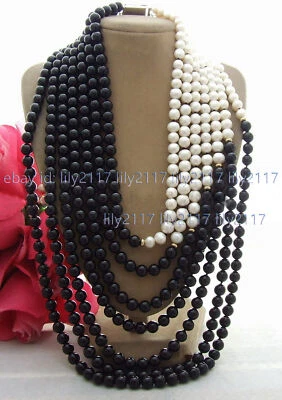 7 行 8-9 毫米天然白色珍珠 8 毫米黑色玛瑙圆形宝石项链 18-29 英寸 — 第 1/4 张图片