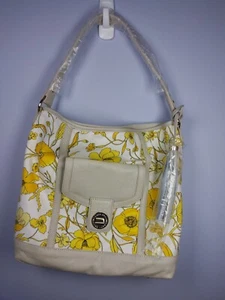 Isaac Mizrahi Floral White & Yellow Canvas w/ Gray Leather Shoulder Bag Gray NEW - Picture 1 of 11