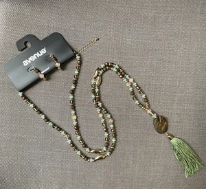 Avenue Long Beaded Necklace and Earrings Set Green/Purple/Gold Tone Tassel 39" - Picture 1 of 5
