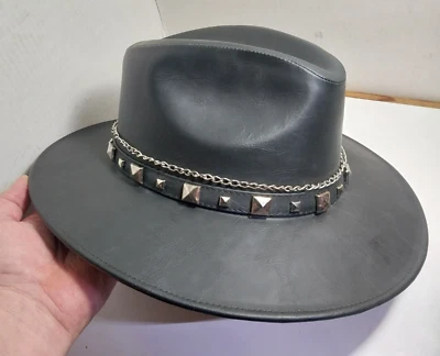 BLACK BULL HATS FAUX BLACK LEATHER COWBOY HAT MEXICO SIZE G, FREE SHIPPING - Image 1 of 4