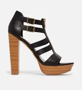 You Got This by JUSTFAB Black faux leather caged 5.25" platform sandals, SZ 7 - Picture 1 of 6
