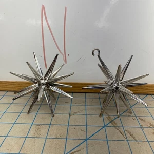 2 Vtg 1950s Atomic Starburst SPUTNIK Plastic Christmas Ornaments Silver - Picture 1 of 15