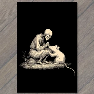 Art Print Skeleton Feeding Opossum Surreal Friendship Dark Whimsical Gothic - Picture 1 of 1