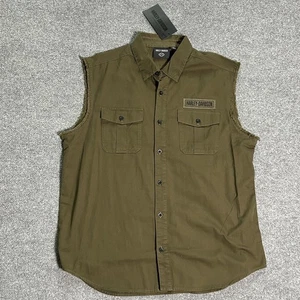 Harley-Davidson Shirt Mens XL Sleeveless Woven Biker Vest Snap Collar Army - Picture 1 of 10