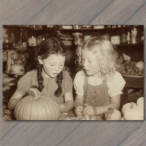 Impresión artística dos niñas calabaza cocina otoño cosecha rústico retro encanto - Imagen 1 de 1