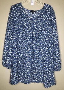 Ellos Bluse Top 14 16 Blumen blau weiß schwarz A-Linie Puffärmel V-Ausschnitt - Bild 1 von 6