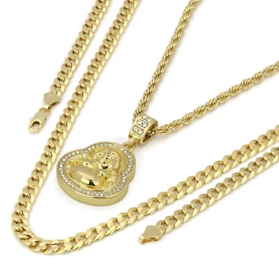 Men 14k Gold Plated Buddha Pendant Cubic-Zirconia 24" Rope & 30" Cuban Chain Foto 1 de 4