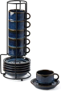 JIEMEI HOME Porcelain Stackable Espresso Cups with Saucers and Metal Stand,4 Oun - Picture 1 of 12