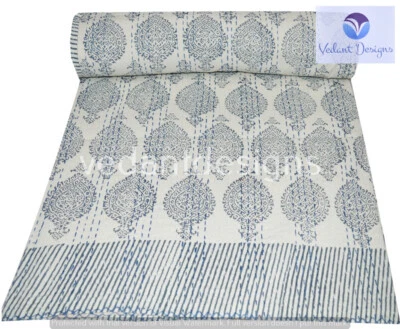 Edredón Kantha bloque reversible indio blanco reina/manta doble arte Foto 1 de 4