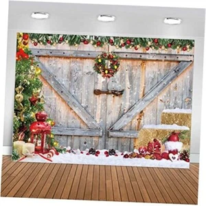 7X5ft Christmas Rustic Barn Wood Door Backdrop for Photography Xmas Tree 7′x5′ - Picture 1 of 8
