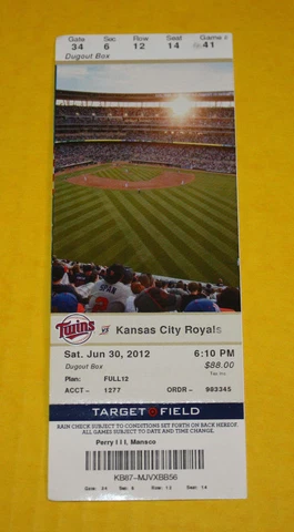 Minnesota Twins Ticket Stub | June 30 2012 | Joe Mauer HR Eric Hosmer Hit Cover