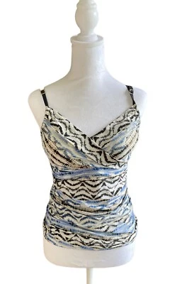 Classic La Blanca Women’s Black Blue Tan Ruched Spaghetti Strap Swimsuit Top - Image 1 of 4