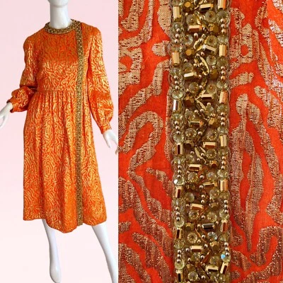 1960s Vintage Metallic Gold Lame Silk Beaded Rhinestone Cocktail Party Dress S - Image 1 of 4