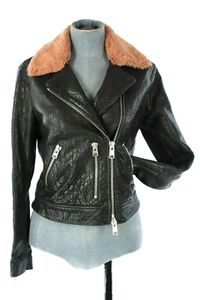 All Saints Biker Jacket Leather Black Shorland Pink Fur Collar Zip Up size UK 6 - Picture 1 of 12