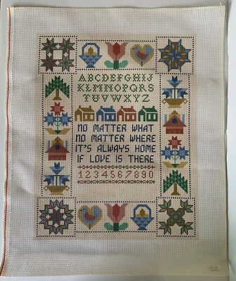 Hand painted needlepoint canvas sampler home love folk art 22x18" alphabet farm - Image 1 of 4